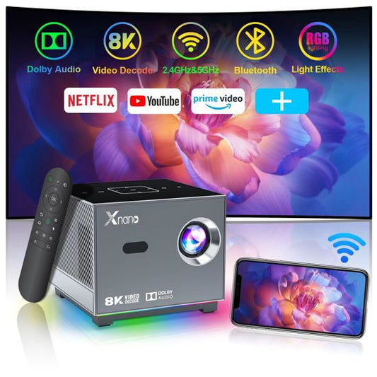 XNANO Mini Projector, For Home Use, Electric Focus, 1080P, 4K Compatible, Home Projector, RGB Light to Elevate Atmosphere